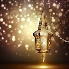 Ramadan kareem with burning candle on arabic lantern,beauty and Ornamental, glowing on Night with bokeh effect, Muslim feast of the holy month, generative ai