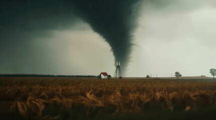 Powerful tornado. Amazing landscape of a tornado over the field. Generative AI.