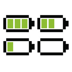 Fototapeta premium Pixel art 8-bit battery level set icons, green color, isolated vector illustration.
