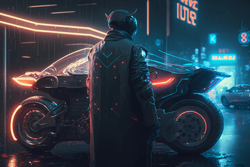 Futuristic motorcycle cyberpunk theme. Biker man in a raincoat near motor bike in neon city, night street background. Cyber punk motorbike rider, anime game character concept illustration. Generative