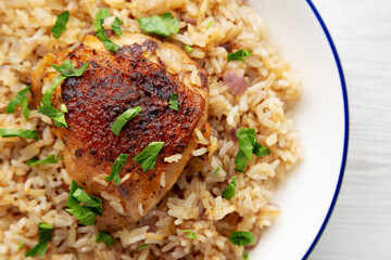 Homemade Paprika Chicken and Rice on a Plate, top view. Flat lay, overhead, from above.