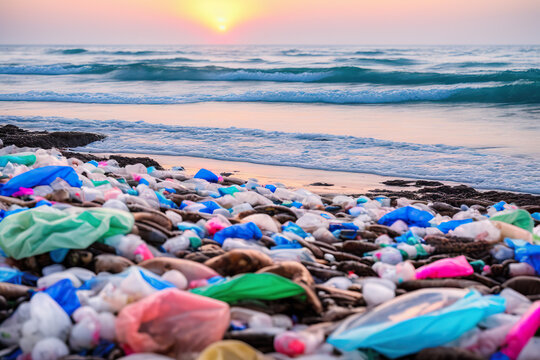Generative AI image of waving sea washing coast with various trash and garbage in tropical country during sunset time