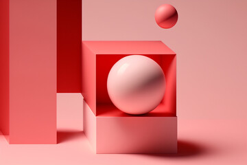 Generative AI illustration of geometric shapes and forms of shiny spheres on square platform near wall in red and pink colors