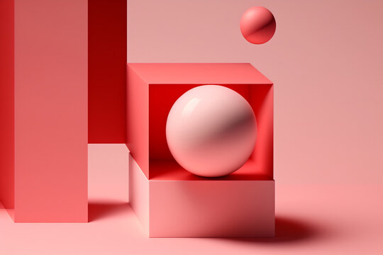 Generative AI illustration of geometric shapes and forms of shiny spheres on square platform near wall in red and pink colors