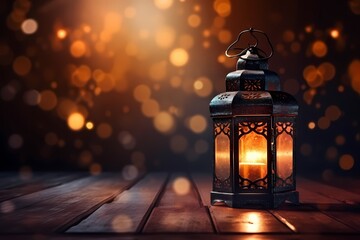 Fototapeta na wymiar ramadan kareem with Arabic lantern burning candle and bokeh effect,Eid Mubarak islamic muslim holiday background with beautiful eid lamp glowing Night, generative ai