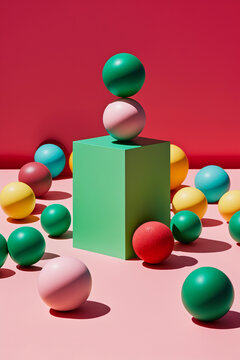 Generative AI illustration of colorful geometric shapes of smooth and shiny spheres on steps of square platforms against red and green background