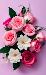 bouquet of pink roses on pastel pink background