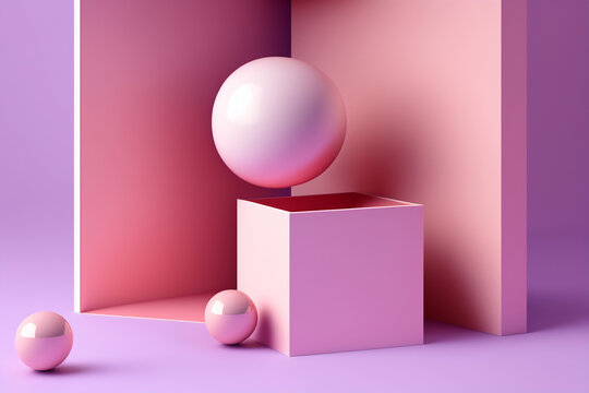 Generative AI illustration of colorful geometric shapes of white spheres in open square form on purple floor against pink background