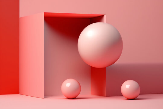 Generative AI illustration of geometric shapes and forms of shiny spheres on square platform near wall in red and pink colors