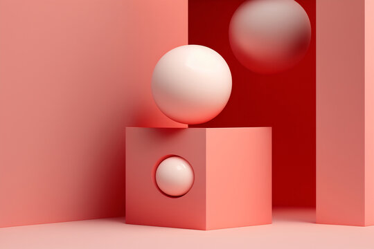 Generative AI illustration of geometric shapes and forms of shiny spheres on square platform near wall in red and pink colors