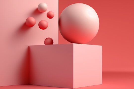 Generative AI illustration of geometric shapes and forms of shiny spheres on square platform near wall in red and pink colors