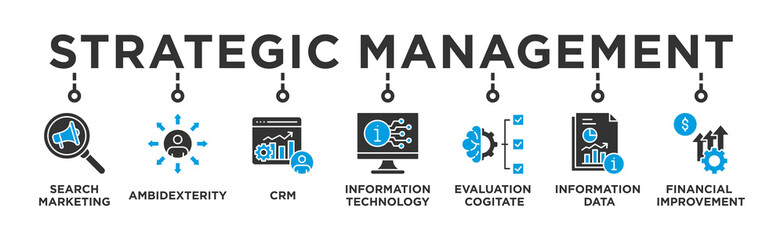 Strategic Management banner web icon vector illustration concept with icon of Search Marketing,Ambidexterity , CRM, Information Technology, Evaluation Cogitate, Information Data, Financial Improvement © Trend Icons