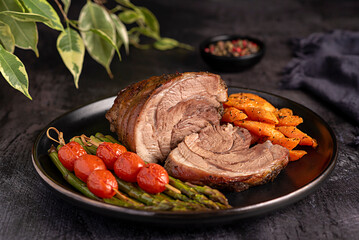 Food photography of roasted lamb, carrot, asparagus, tomato, seasoning, pepper, lunch, dinner