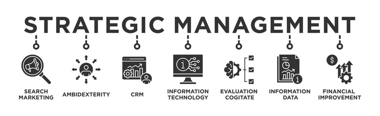 Strategic Management banner web icon vector illustration concept with icon of Search Marketing,Ambidexterity , CRM, Information Technology, Evaluation Cogitate, Information Data, Financial Improvement © Trend Icons