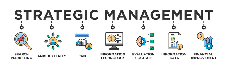 Strategic Management banner web icon vector illustration concept with icon of Search Marketing,Ambidexterity , CRM, Information Technology, Evaluation Cogitate, Information Data, Financial Improvement © Trend Icons