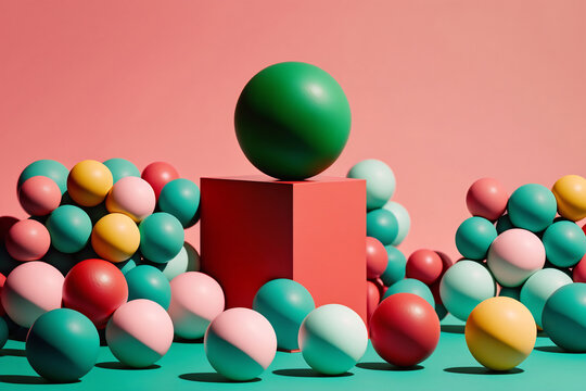 Generative AI illustration of colorful geometric shapes of smooth and shiny spheres on steps of square platforms against red and green background