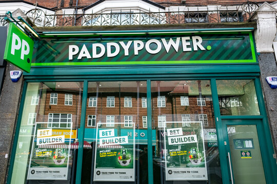 London- Paddy Power exterior signage,  an Irish bookmaker with many high street betting shops across the UK. 