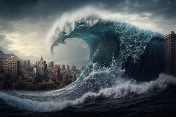 Generative AI image of stormy ocean with high tides rising to high altitudes during cyclonic weather against megapolis with multistoried buildings and with overcast sky