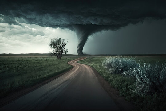 Generative AI image of raging tornado at the end of road with grass fields and covering sky with black clouds