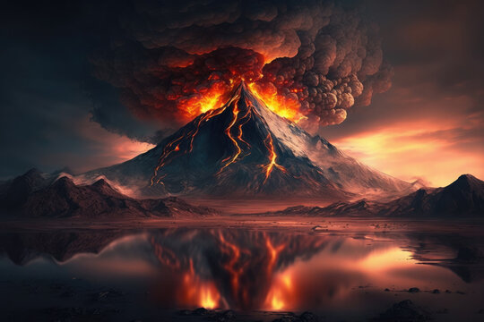 Generative AI image of erupting volcano emitting hot orange lava and ash clouds covering dark sky
