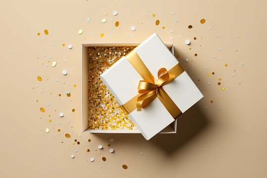 Top view of opened birthday present full of gold glitter sequins. Gift box with confetti inside. Concept of celebration festive, special occasion and happy events. 3D Illustration generative AI