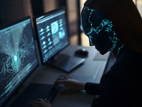 A woman in a neon mask looks at a computer screen with a blue glow in the dark