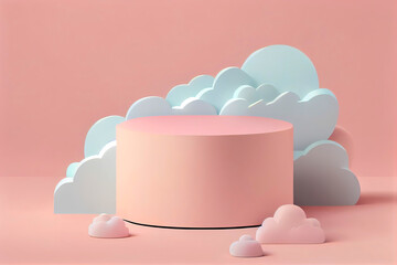 Minimal scene with pink background and fluffy clouds for product display presentation. Showcase stage, retail and online advertising concept. Illustration generative AI