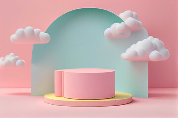 3d stage for showcase in online store. Geometric pedestal, retail display or podium for advertising object. Pastel colored pink stand surrounded with white fluffy clouds, illustration generative AI