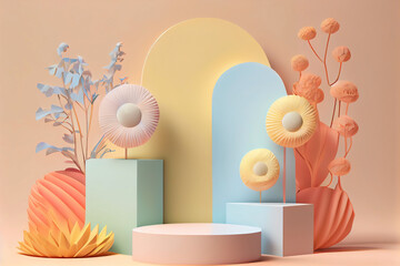 3D geometric platform for product display presentation with blooming colorful flowers. Pastel showcase stage with copy space for package or object. Illustration generative AI