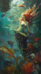 Fototapeta na wymiar a beautiful illustration of a mermaid at the bottom of the sea among aquatic flowers and colorful fish.
