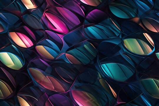 Generative AI illustration of abstract background with shiny multicolored futuristic shapes of different sizes