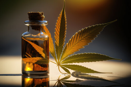 Generative AI illustration of green leaf of cannabis plant on bottle of liquid product placed on table in studio