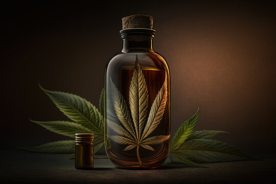 Generative AI illustration of from above of marijuana leaf placed near bottle with essential product against brown background