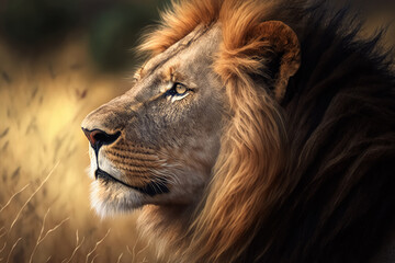 Generative AI illustration image of dangerous powerful lion with fluffy mane looking away in savanna