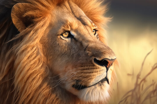 Generative AI illustration image of dangerous powerful lion with fluffy mane looking away in savanna
