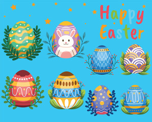 Easter eggs in various colors on blue background