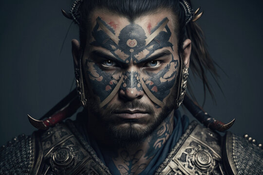 Generative AI illustration of calm male with tattoos on face and piercing looking at camera against black background