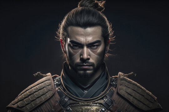 Generative AI illustration of confident male samurai in traditional costume with metal details and hairstyle looking at camera against black background