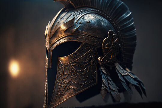 Generative AI illustration of traditional metal helmet with ornamental details and carved elements on dark background