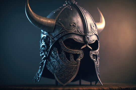 Generative AI illustration of shiny metal helmet of viking with horns on dark background