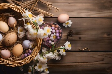 Fototapeta na wymiar Easter basket filled with eggs and flowers. Generative AI
