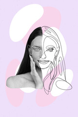 Creative sketch collage of charming aesthetic youn glady portrait drawn by hand artist advertise beauty cream lotion