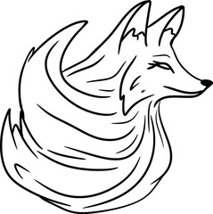 Vector drawing of a fox contour, silhouette with a puffy collar. Black and white, flat, doodle, isolated, hand drawn, cartoon style. Fluffy, cute, animal, mammal.