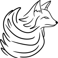 Vector drawing of a fox contour, silhouette with a puffy collar. Black and white, flat, doodle, isolated, hand drawn, cartoon style. Fluffy, cute, animal, mammal.
