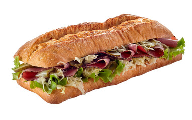 Appetizing submarine sandwich on white background