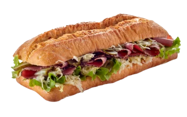 Zelfklevend Fotobehang Appetizing submarine sandwich on white background © exclusive-design
