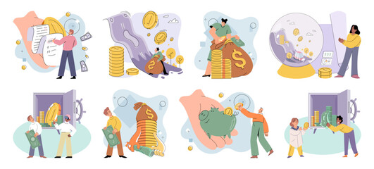 Naklejka premium International investment company, money bills and coins fly around world. Global economy financial system vector set. Loan of money made by investor for purpose of earning interest. World cash flows