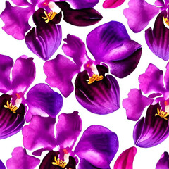 seamless pattern of purple orchids on a white background, generative ai
