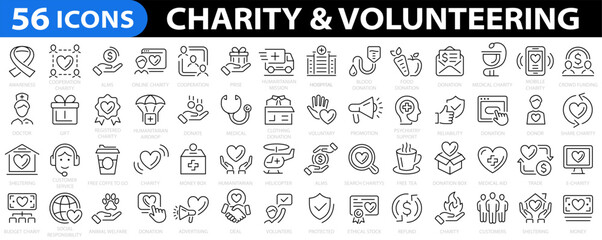 Charity and Donation 56 icon set. Voluntering, donor, awareness, gift, doctor, medical and more. Vector illustration