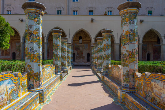 Colorful columns at the cloister of Santa Chiara in Naples, Italy